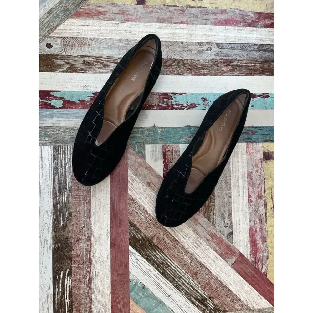 BeautiFeel Women’s Jolie Ballet Flat Shoes Black Crocco Suede Lthr EUC  SZ 6.5